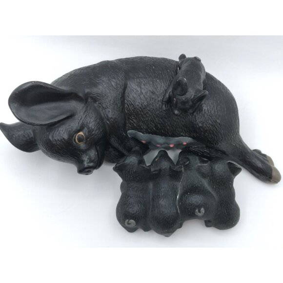 Figurines Black Pig mother 11" with smaller piglets Farmhouse cottage core READ - Picture 1 of 10